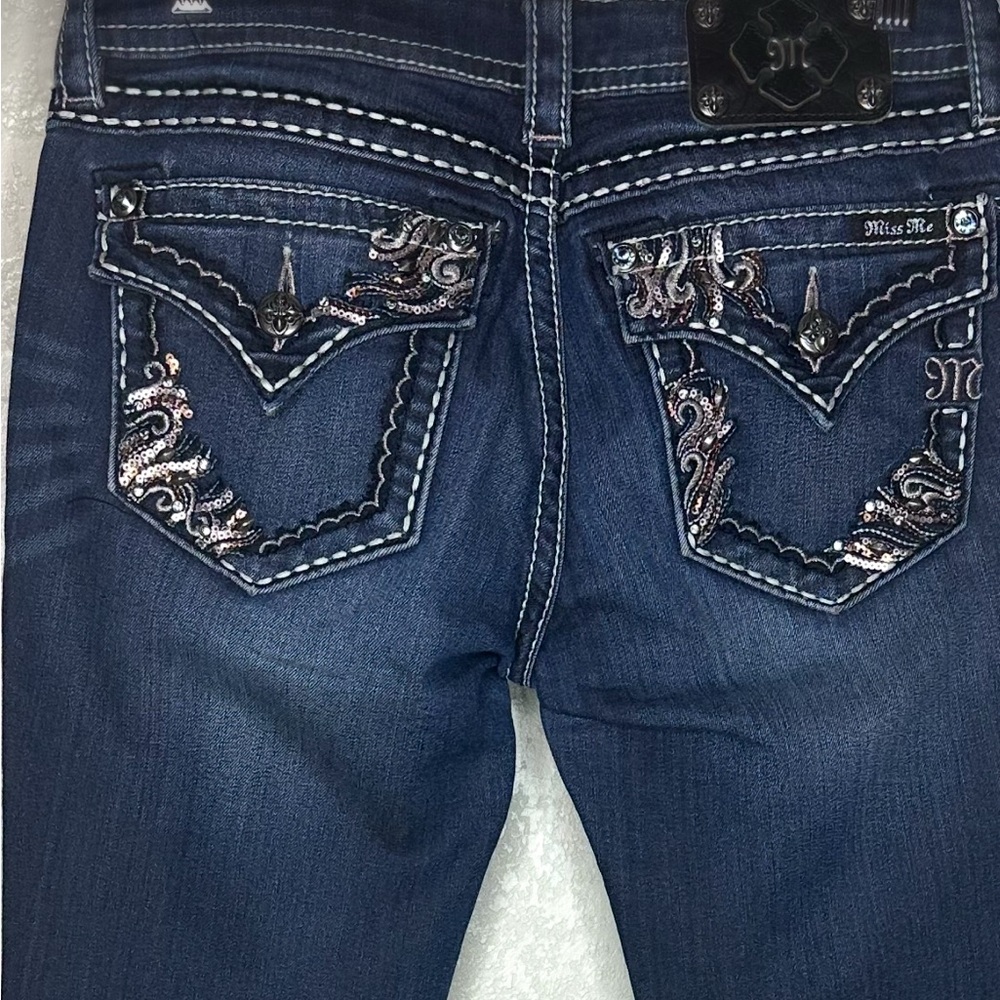 Miss Me Dark Blue Embroidered Signature Rise Boot Cut Jeans